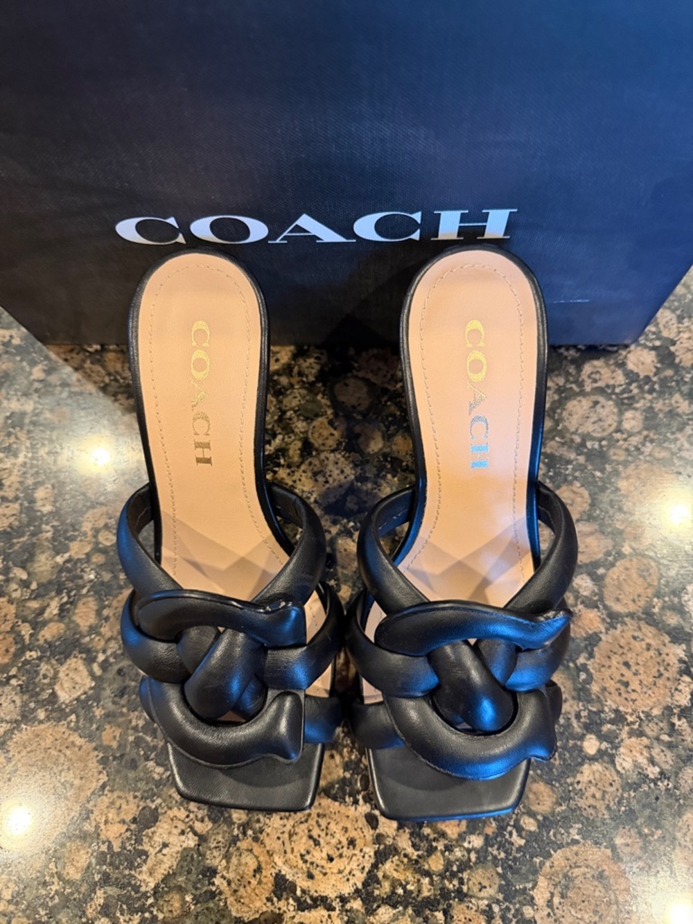 Coach Black Braided Leather Slide Mules with Square Toe - Picture 2 of 6